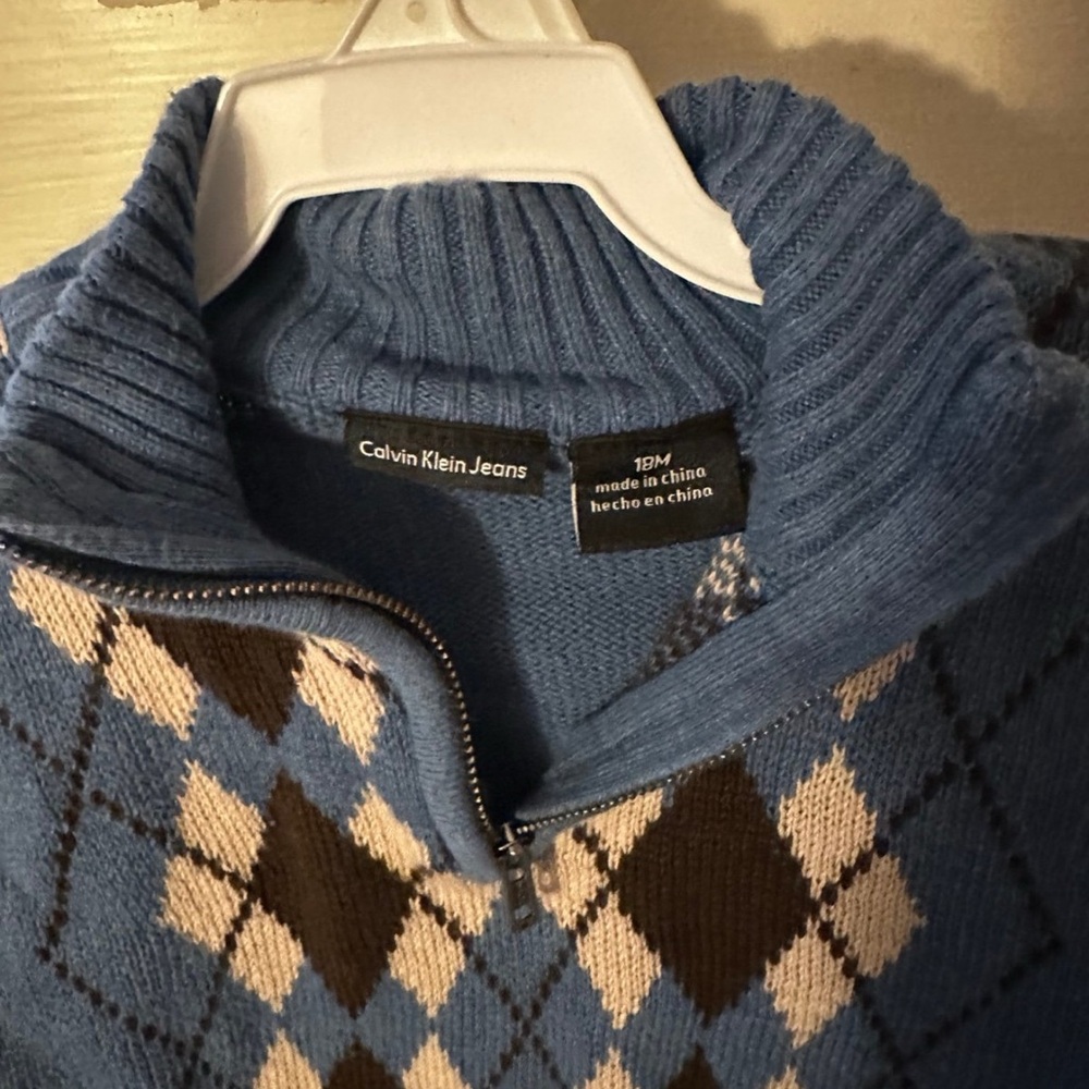 Calvin Klein Jeans Blue and Brown Argyle Zip-Up Sweater